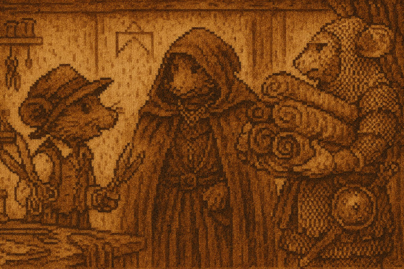 In the tailoring shop. Young milkmaid mouse anthropomorphic picking out cloth by herself, and admiring a regal masquerade outfit created by ...