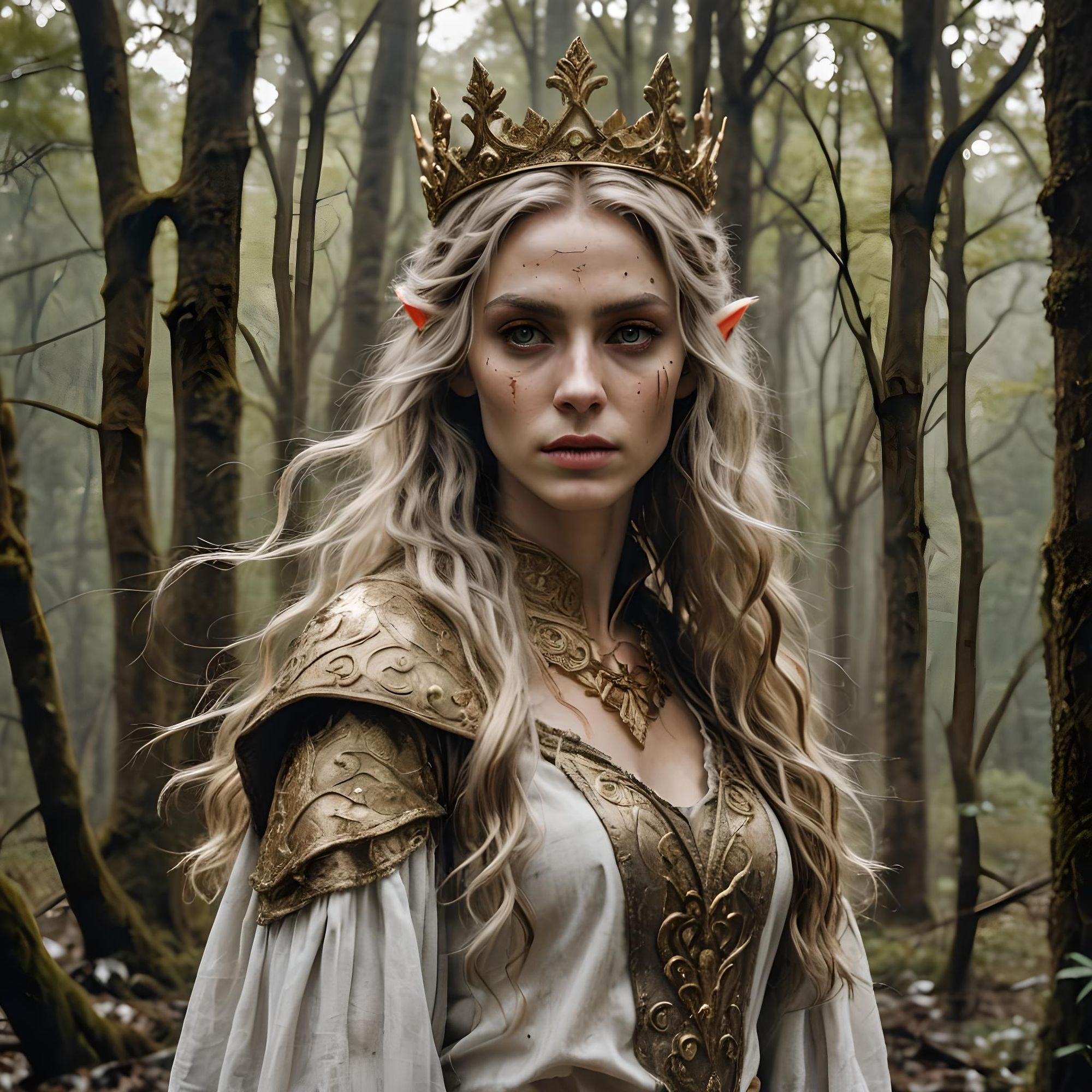 Young elf princess, hide face by bush or tree branch, white silk dress, gold wavy long hair, gold crown, forest, muddy clothes,pretty face,...