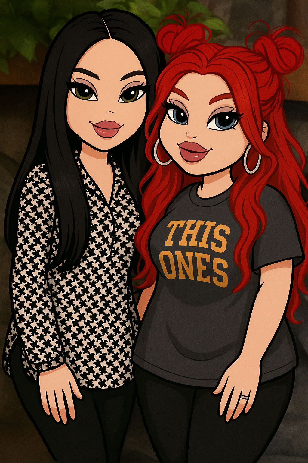 <lora:Burton Big Eyes:1.0> <lora:Adsumus:1.0> <lora:Lully:1.0> Two cartoon women in hip-hop gangster streetwear standing together in a neon-...