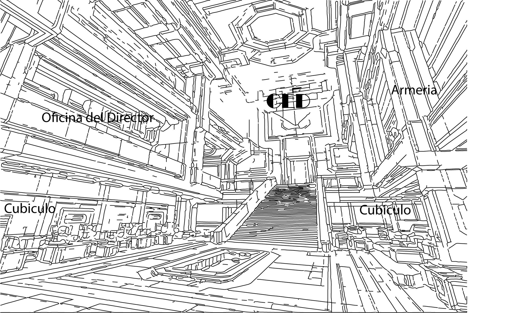 A dystopian, cyberpunk police station in a war-torn Los Angeles, 2030. Brutalist architecture, concrete walls, barbed wire, surveillance cam...