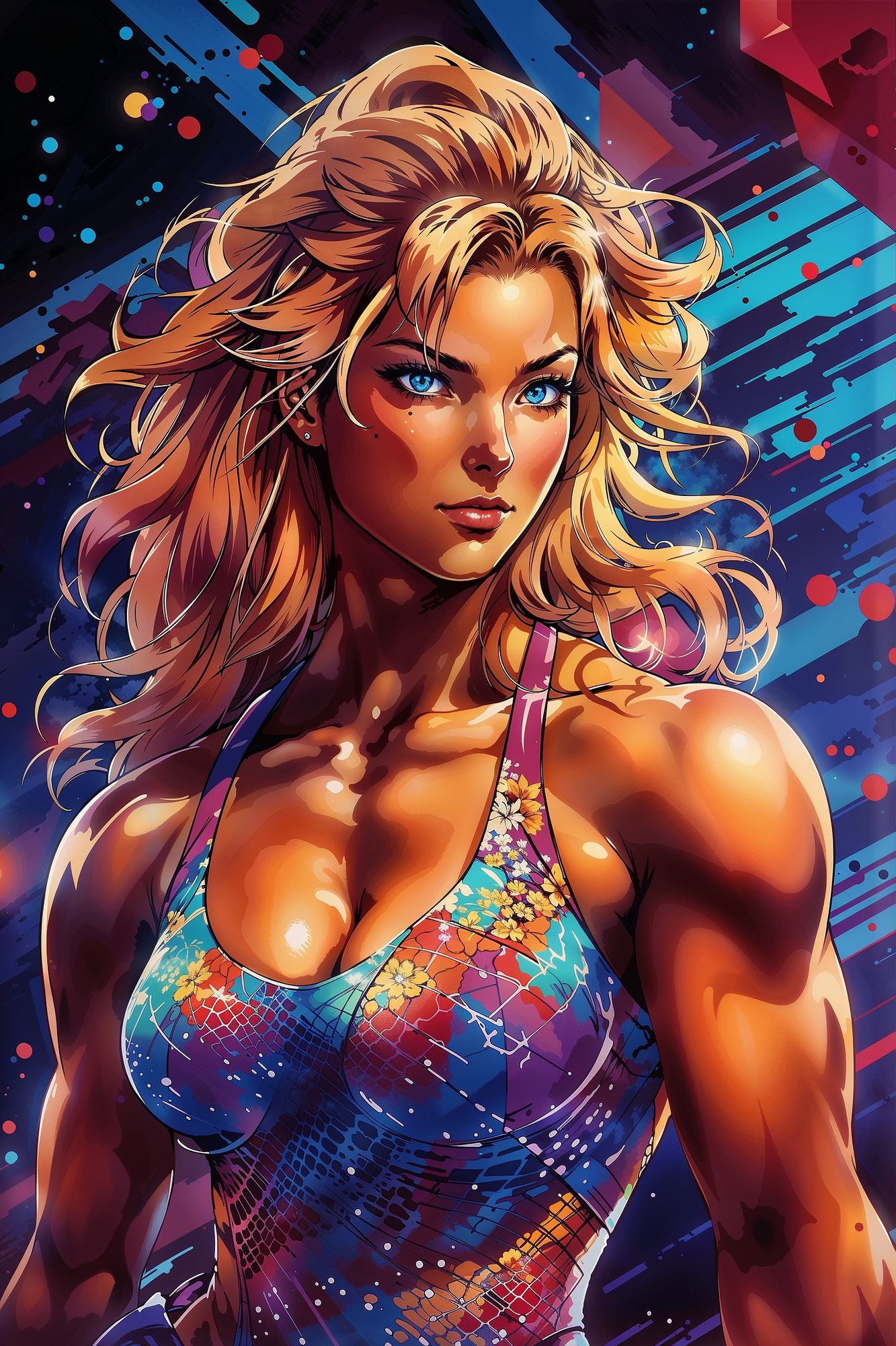 90's Style Anime portrait of Lady Gaga as a Ultrarealistic Anime Style Female bodybuilder with blonde hair in a ponytail, wearing pair of g...