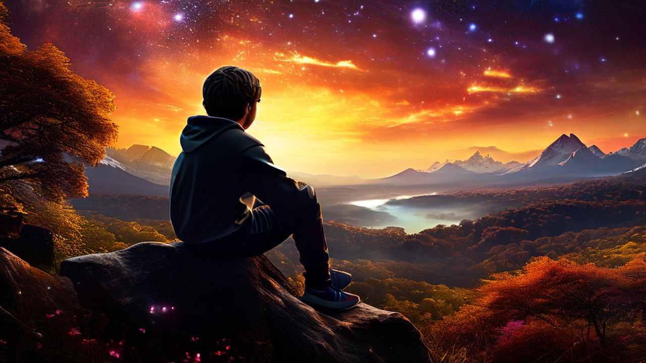 High-definition cosmic night landscape transitions from deep shadows to starlit radiance, towering ancient trees with ethereal shadows, roll...