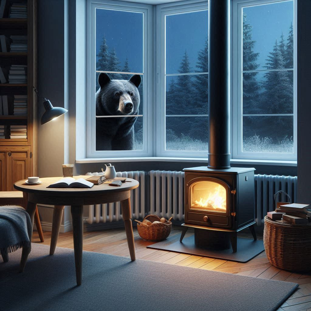 a room with a wood heater. it's snowing outside. a bear walks past the window.