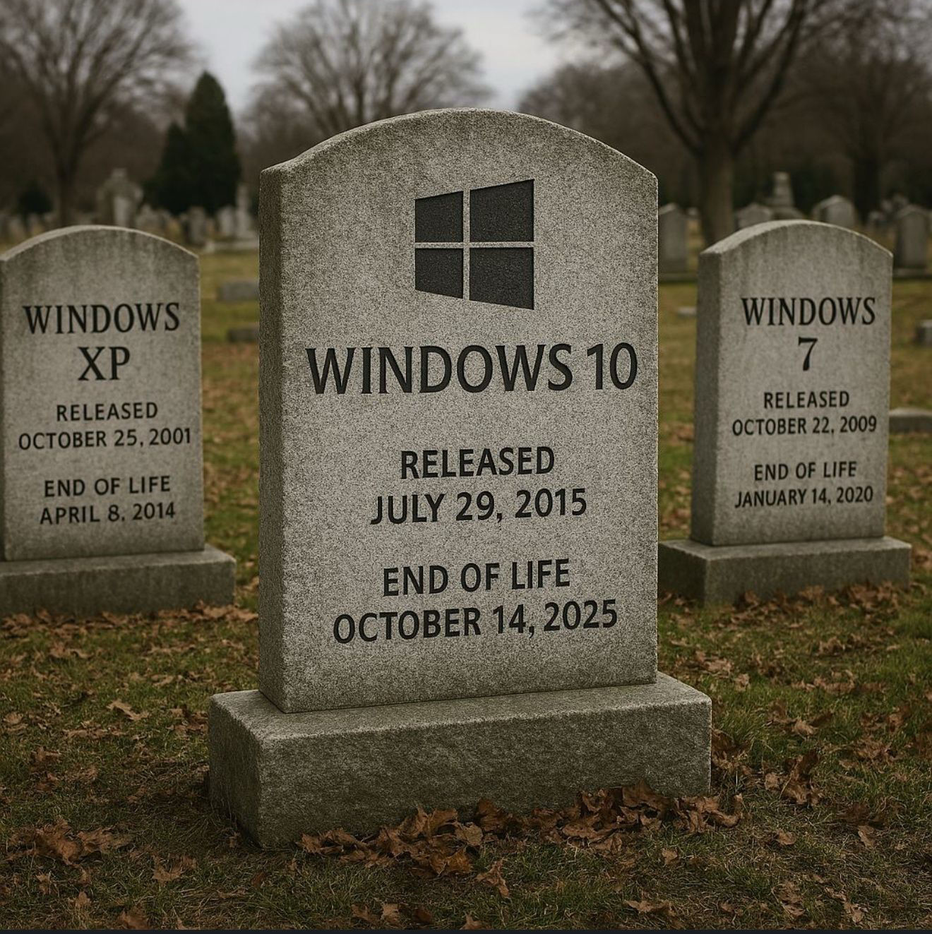 Tombstone of windows 10 with release and end dates on it ,growing out of the ground and then glow 