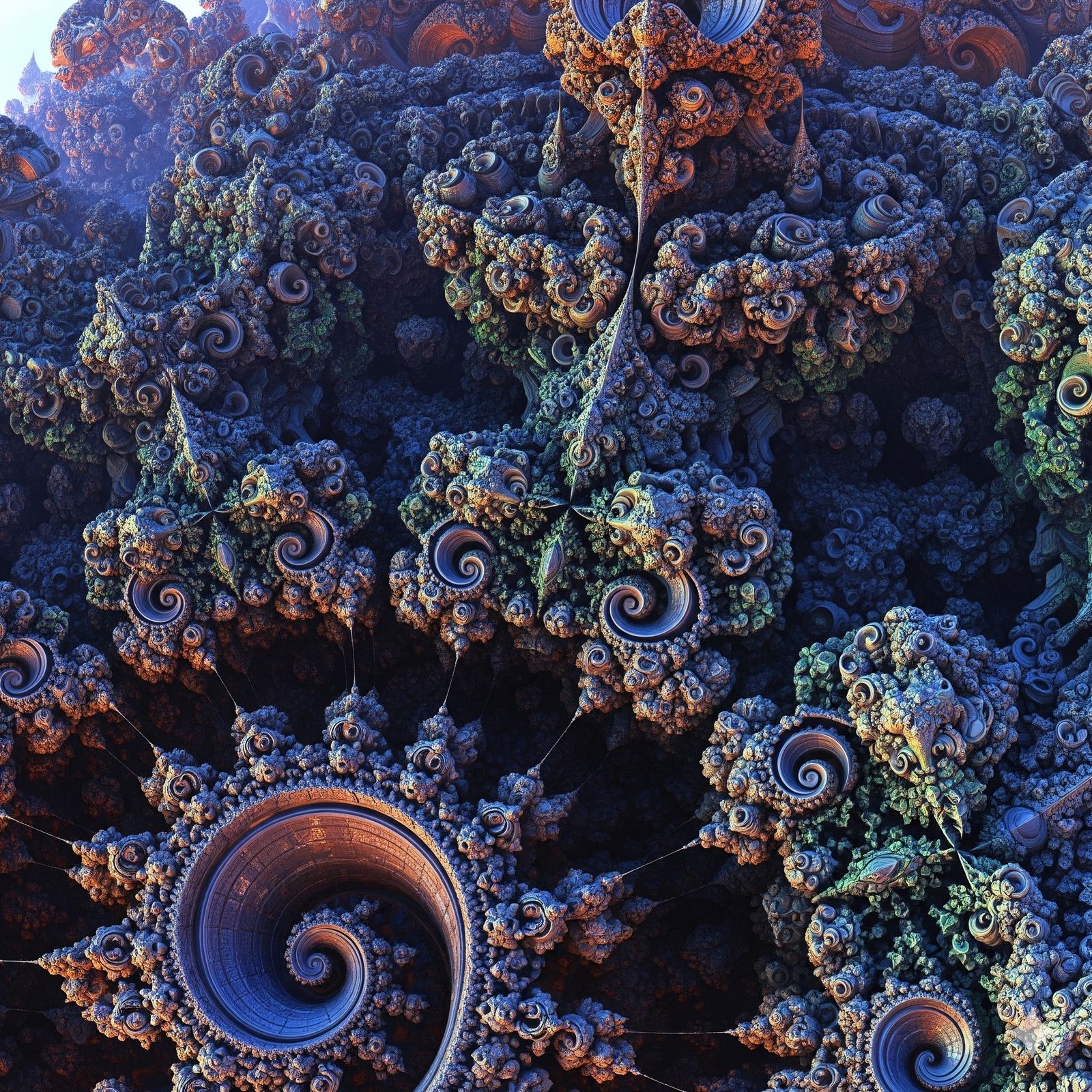 Cinematic 3D render of a complex fractal universe, endless zoom-in, fly-through a detailed 3D Mandelbulb. The camera spi...