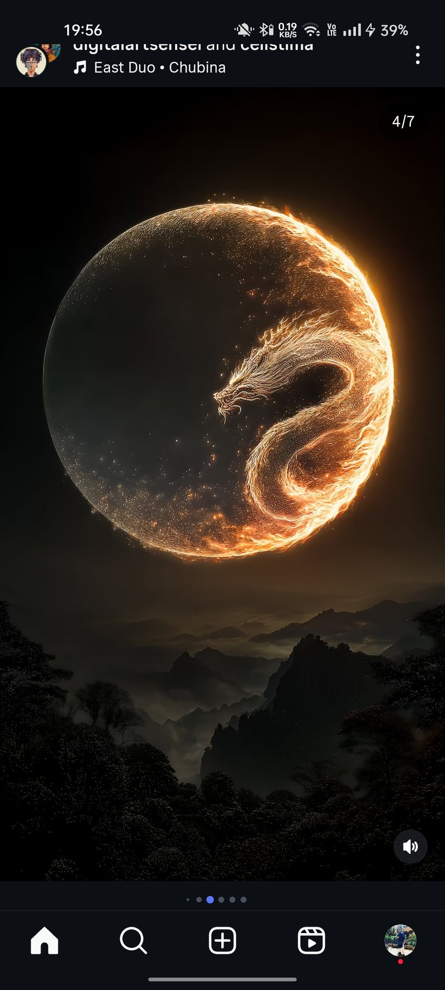 A luminous fiery dragon made of golden flames, coiling in a perfect circle inside a radiant glowing sphere in the night sky. The dragon shou...