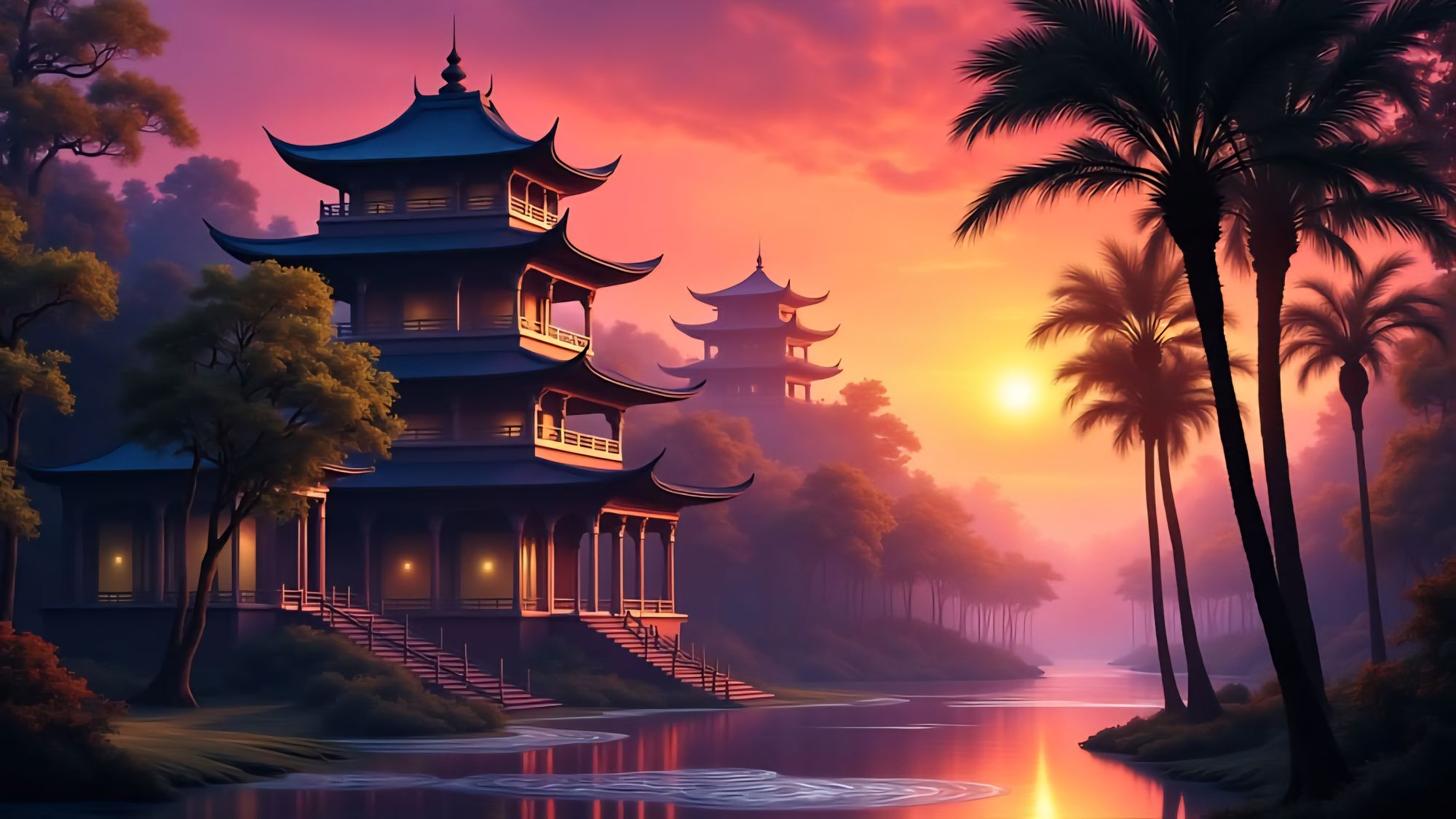 <lora:ImpressionistMusings:1.0> A large, multi-level level Chinese house with flying eaves on the roof and multiple balconies set among a gr...