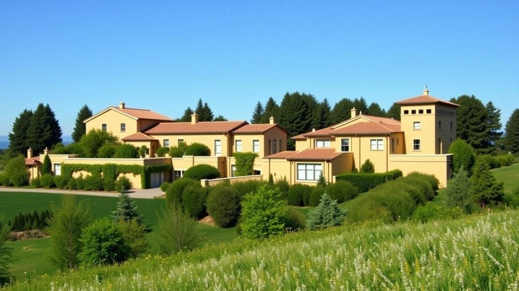 <lora:ImpressionistMusings:1.0> A sprawling, single level, stucco Italian vineyard home with red tile roofs on a flat meadow among lavender.