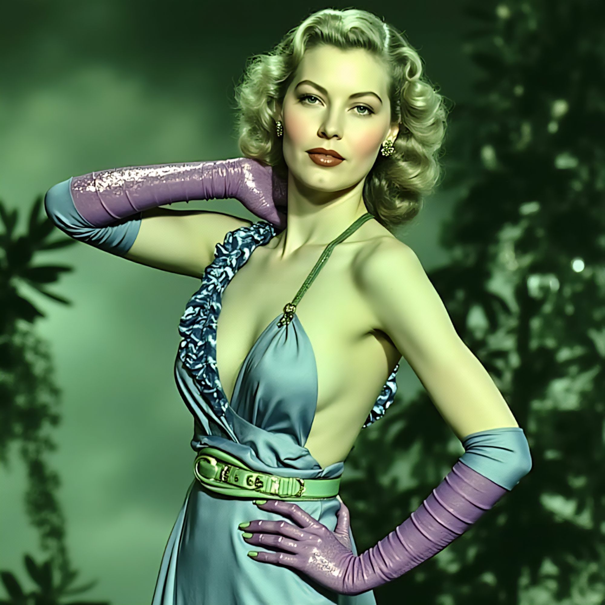 <lora:Detailed realism:1.0> <lora:Exquisite Flux:1.0> Portrait of the Queen of Venus. Her blonde, shoulder-length hair styled in waves 1940s...