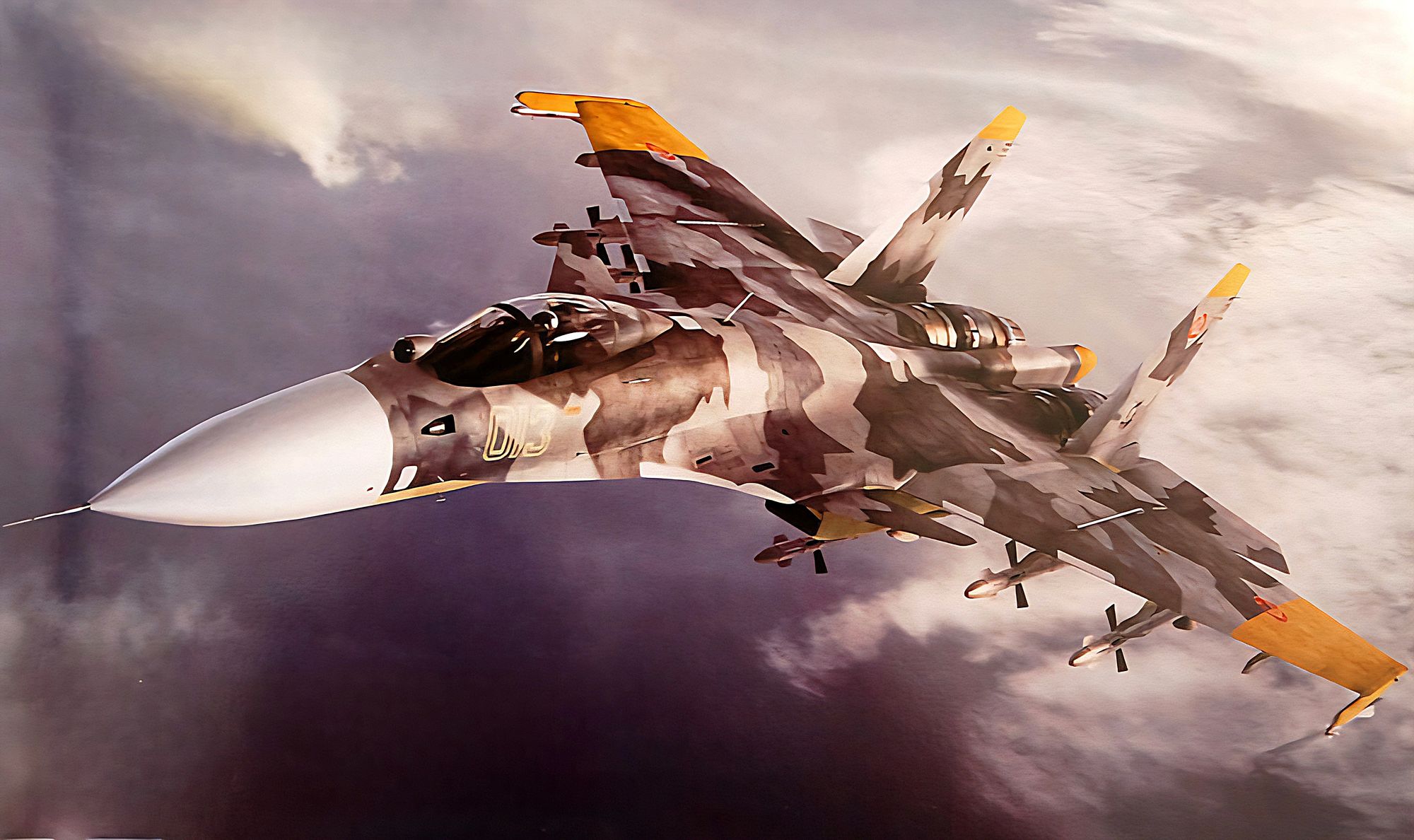 <lora:Detailed realism:1.0> <lora:Exquisite Flux:1.0> Russian SU-27 Fighter Jet flying on Venus. Giant green and gold mountains in the backg...