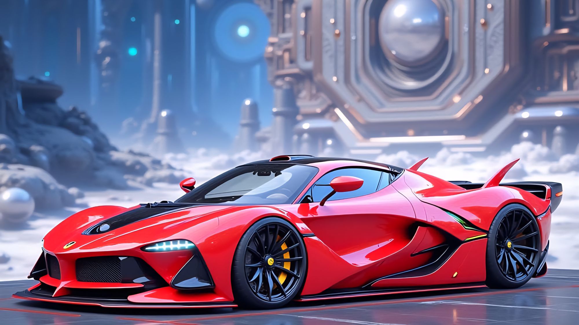 Ferrari races through a futuristic hellscape.