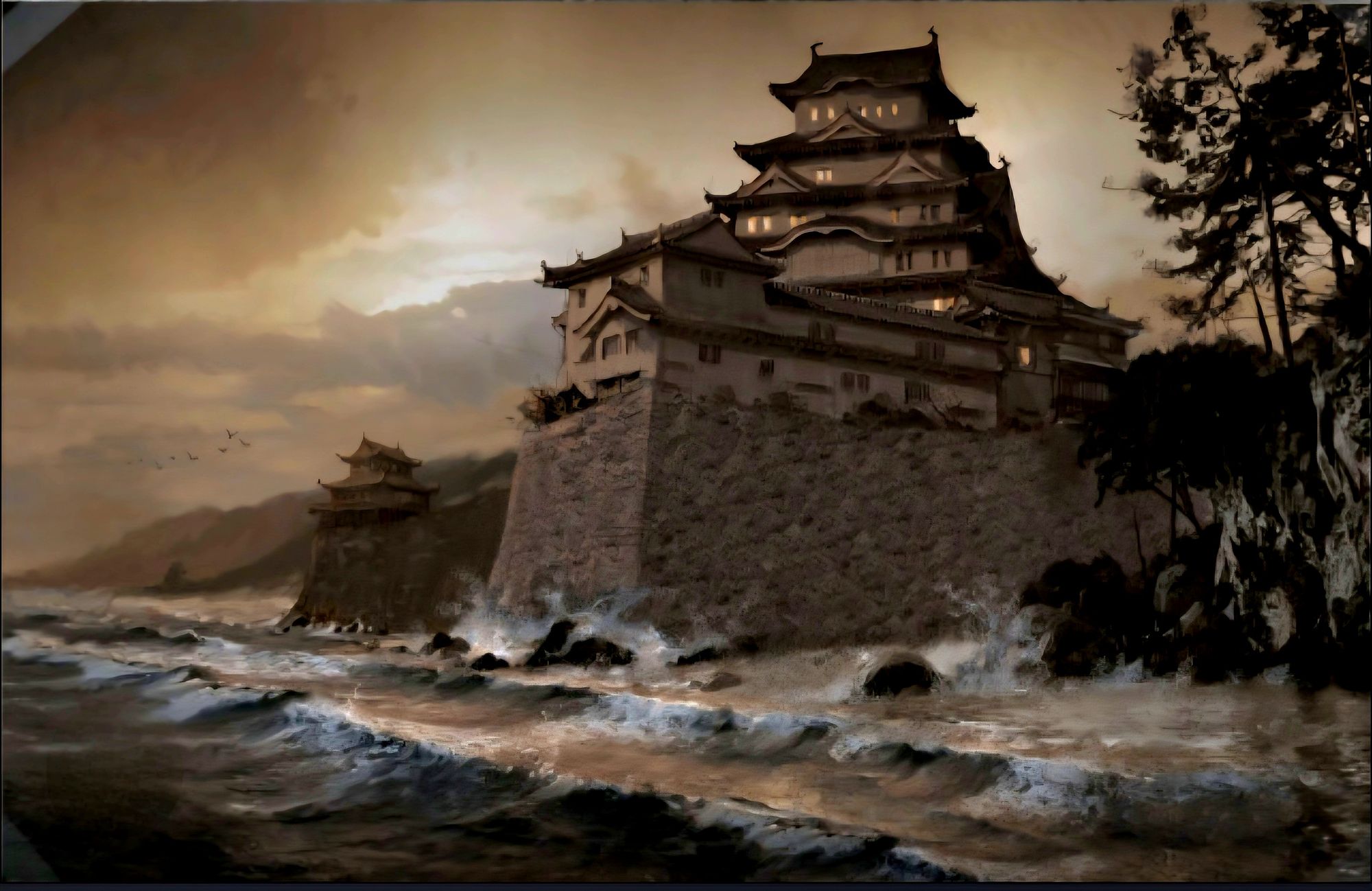 <lora:ImpressionistMusings:1.0> An epic, atmospheric digital painting of a Japanese fortress castle dramatically perched on a rugged seacoas...