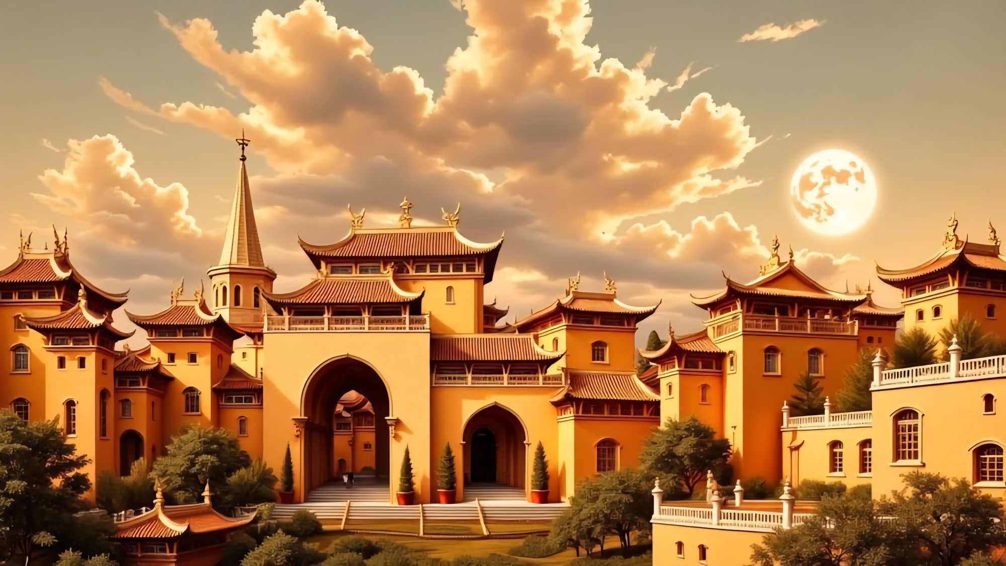 <lora:ImpressionistMusings:1.0> A sprawling Chinese mansion with different levels and flying eaves on the roofs.