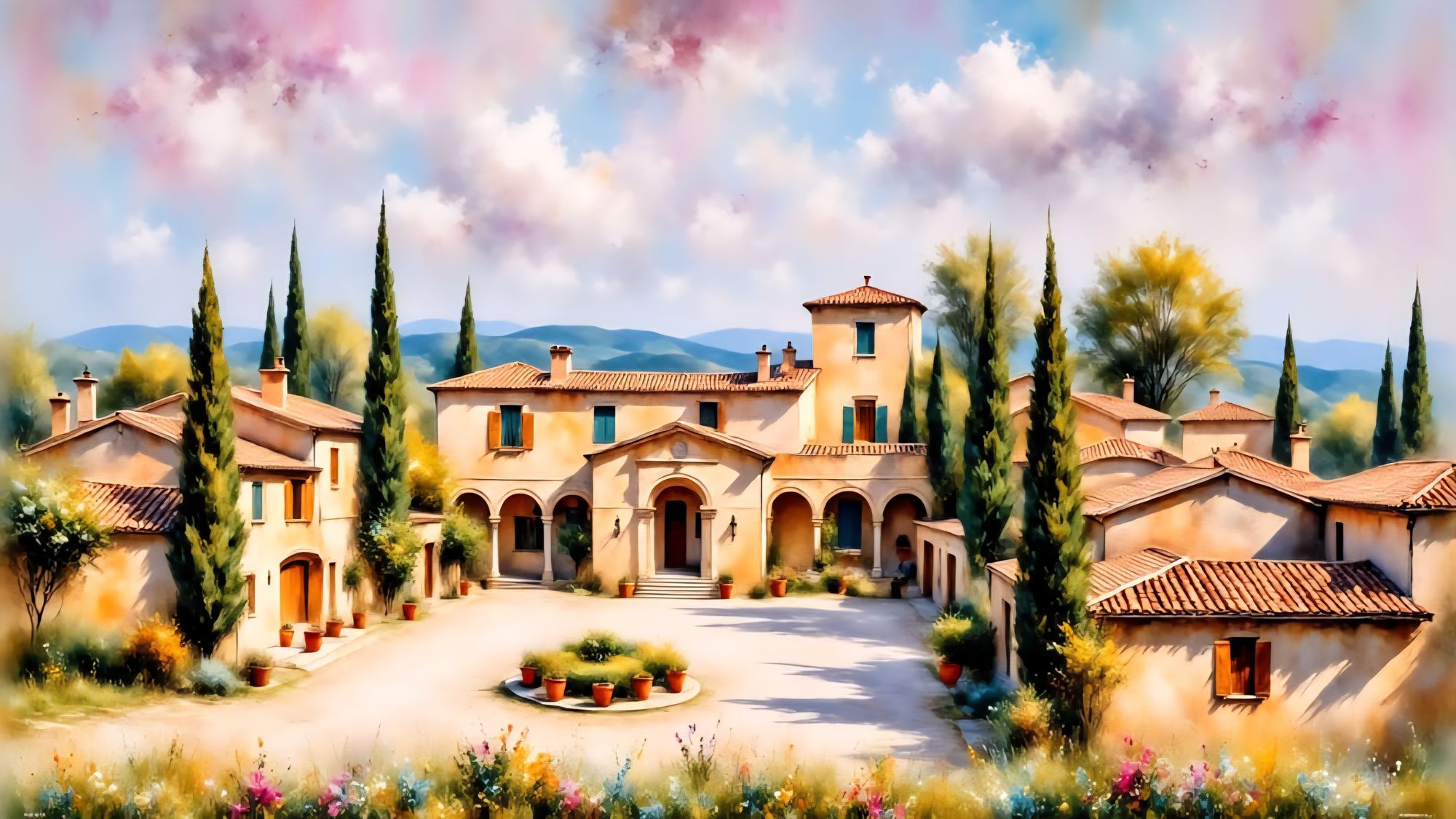 <lora:ImpressionistMusings:1.0>  A vast, traditional Chinese mansion with intricate flying eaves and smooth black barrel roof tiles, set ami...