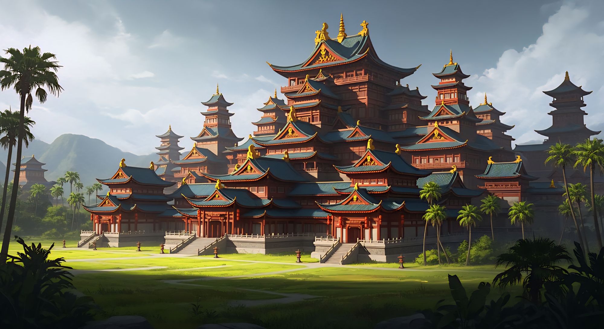 <lora:ImpressionistMusings:1.0> Ancient Chinese castle, a sprawling, elaborate wooden structure with many roofs with flying eaves, and turre...