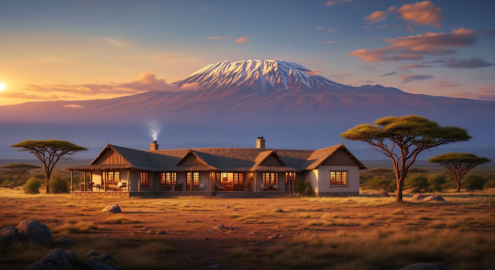 <lora:ImpressionistMusings:1.0> A sprawling African farmhouse, single level wood and stucco structure on the savanna with Mt. Kilimanjaro in...