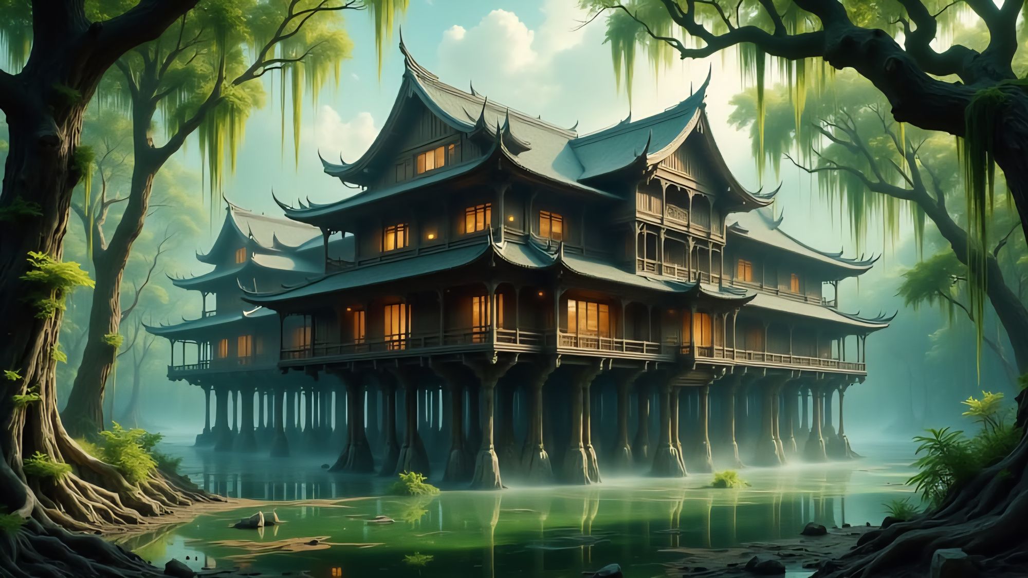 <lora:Water:1.0> A colossal, sprawling, ancient, rustic, wooden Chinese mansion, with sweeping flying eaves supported by massive pilings, ri...
