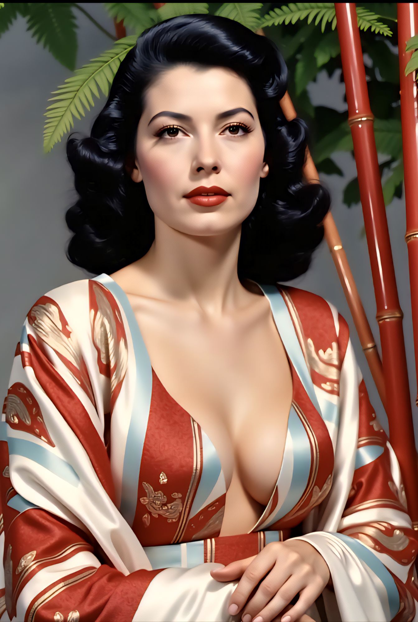 <lora:Detailed realism:1.0> <lora:Exquisite Flux:1.0> Portrait of a beautiful French woman who resembles Ava Gardner wearing a red and white...