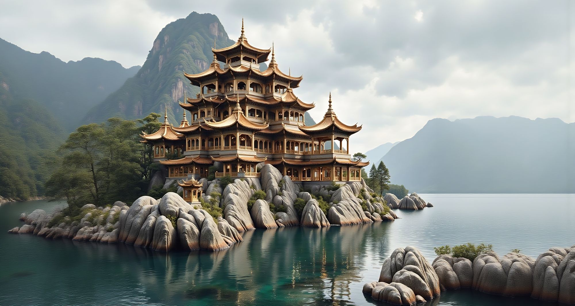 <lora:ImpressionistMusings:1.0> Fantastical, sprawling Chinese temple on a rocky shoreline. Dark, stormy skies.