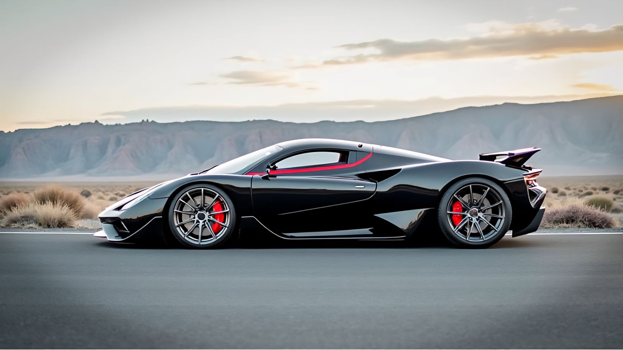  A sleek, Tuatara supercar races through a futuristic hellscape of fire and jagged obsidian spires under a swirling, purple thunderstorm. Ci...