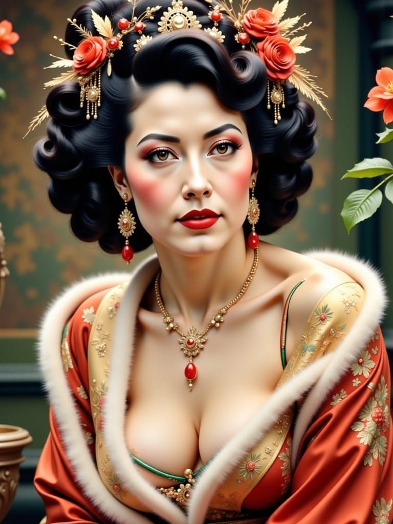 <lora:Wild Pin-up:1.0> <lora:Extreme Geisha:1.0> <lora:Sauvanne:1.0> Portrait of Sauvanne as a beautiful French Caucasian Geisha.