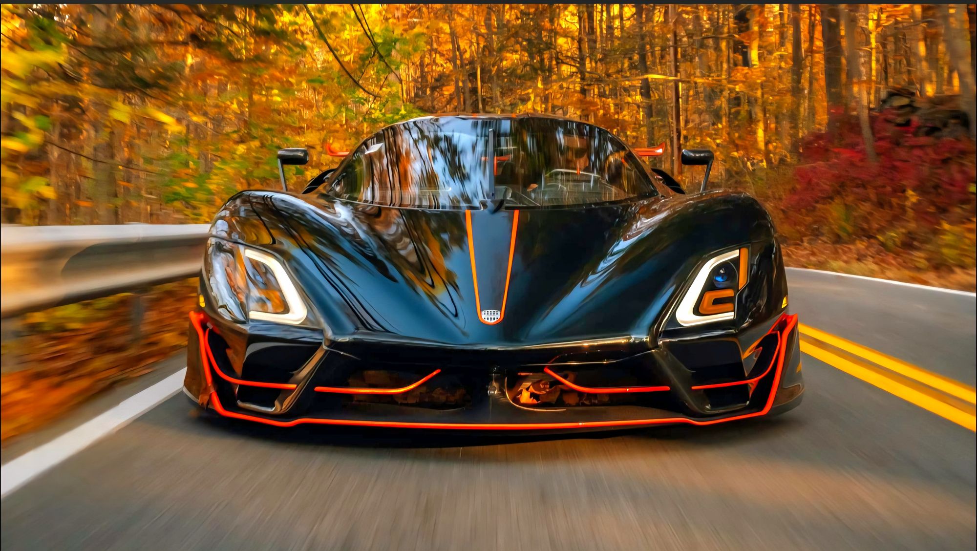 <lora:Detailed realism:1.0> <lora:Exquisite Flux:1.0> Tuatara supercar on a forest highway in Autumn. 