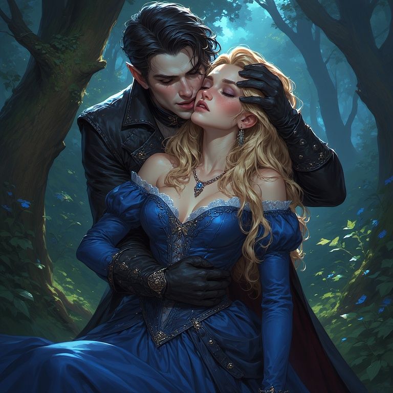 A dark haired vampire man with red eyes and fangs is about to bite the neck of a blonde woman in a blue gown. <lora:Elite Vampires:1.0>