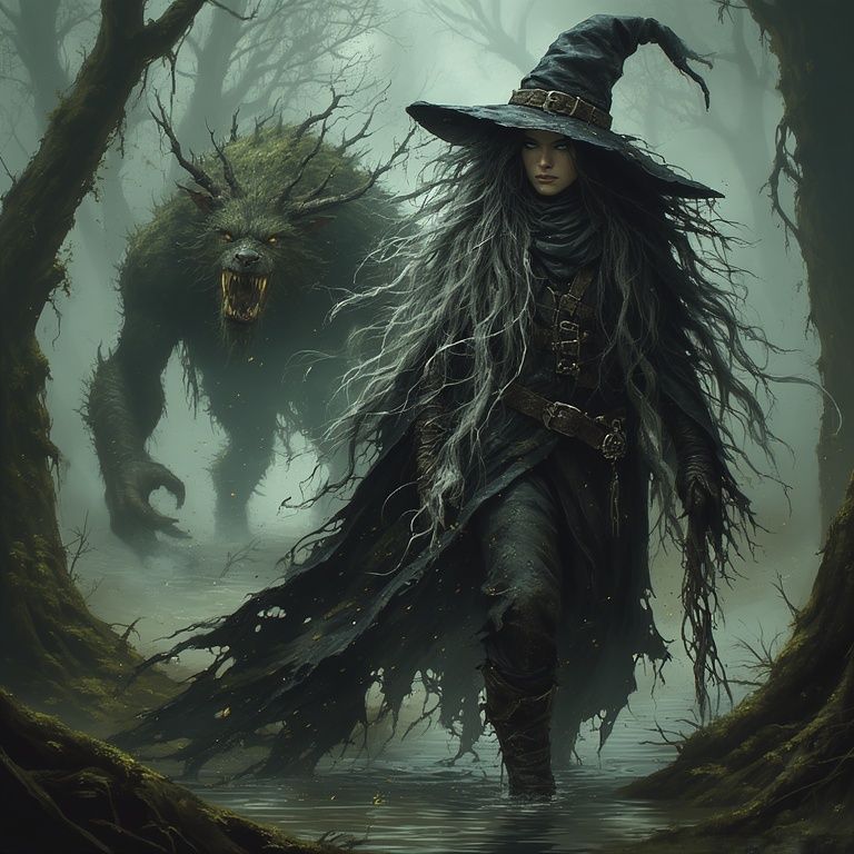 A witch walks with a spikey swamp creature  in a glowing green foggy swamp. <lora:-Omnious-:1.0>