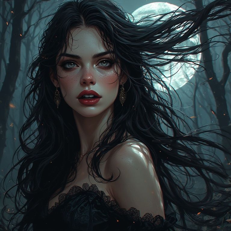 A closeup of a beautiful black haired vampire woman with red eyes and fangs is in a dark forest. Black dress <lora:Elite Vampires:1.0> 