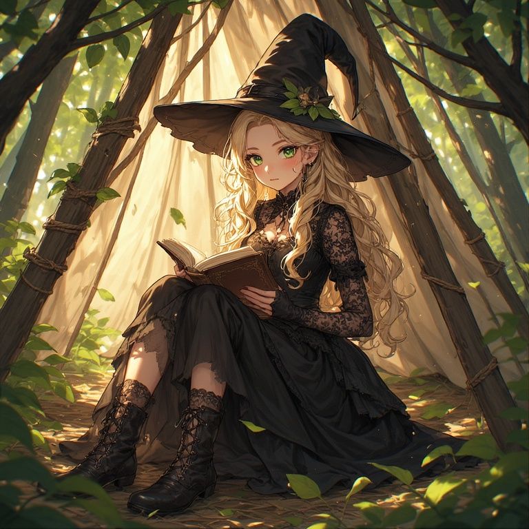 A blonde witch in a lacy black dress sits in a teepee reading a book.