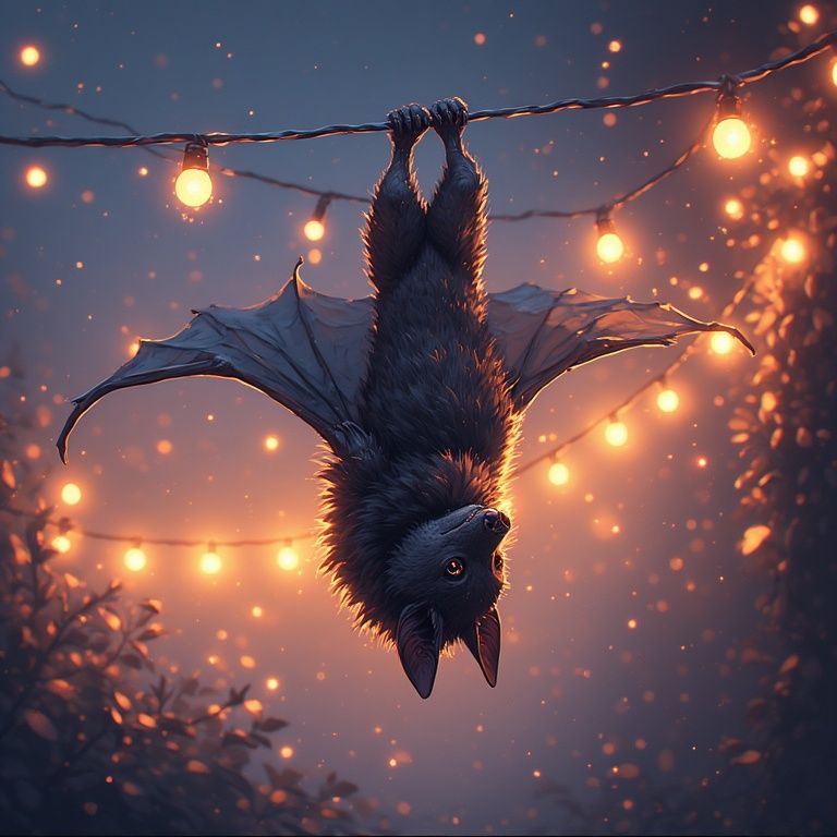 A bat hangs on a string of fairy lights.