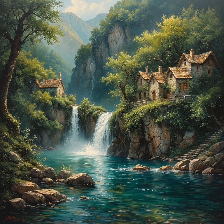 A beautiful colorful waterfall landscape with unique structure. Vivid colors. thick expressive brushstrokes. textured. <lora:Empaste:1.0>