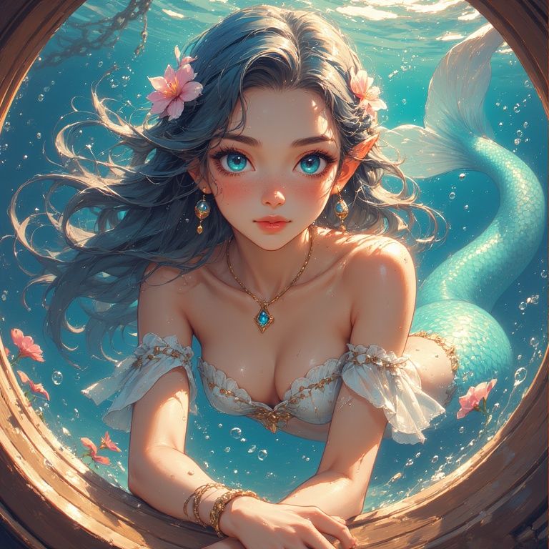 A beautiful mermaid swims up to a sunken ships round window. Closeup, looking directly at you.