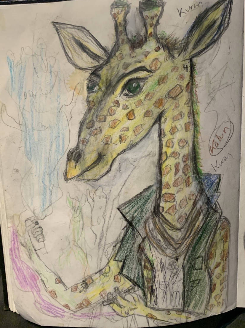 Anthropomorphic giraffe wear Jean jacket and blue jeans and sneakers 