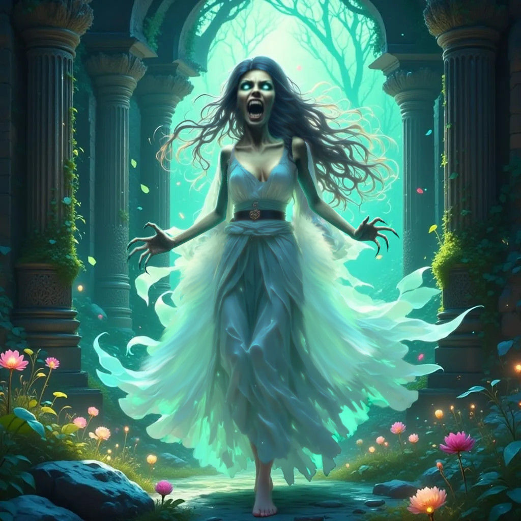 <lora:Fantasia:1.0> <lora:5E:1.0> Haunting ancient temple ruins is the violent angry soul of a wild monstrous banshee, the ghost of a young...