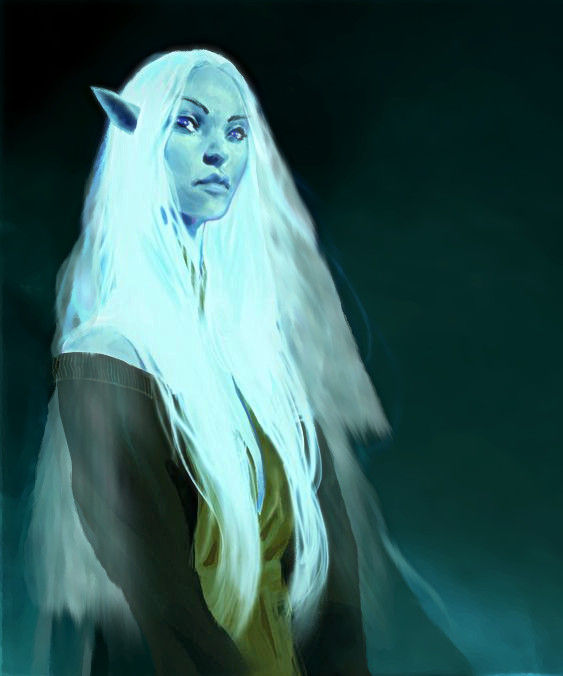 A very thin, ghostly pale elf woman with blue eyes and pale glowing ...