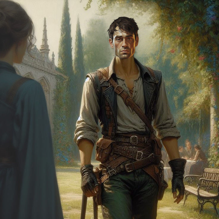 A fantasy character, medieval commoner, a lean man with short brown hair wearing plain traveling clothes with several belts and carrying a l...