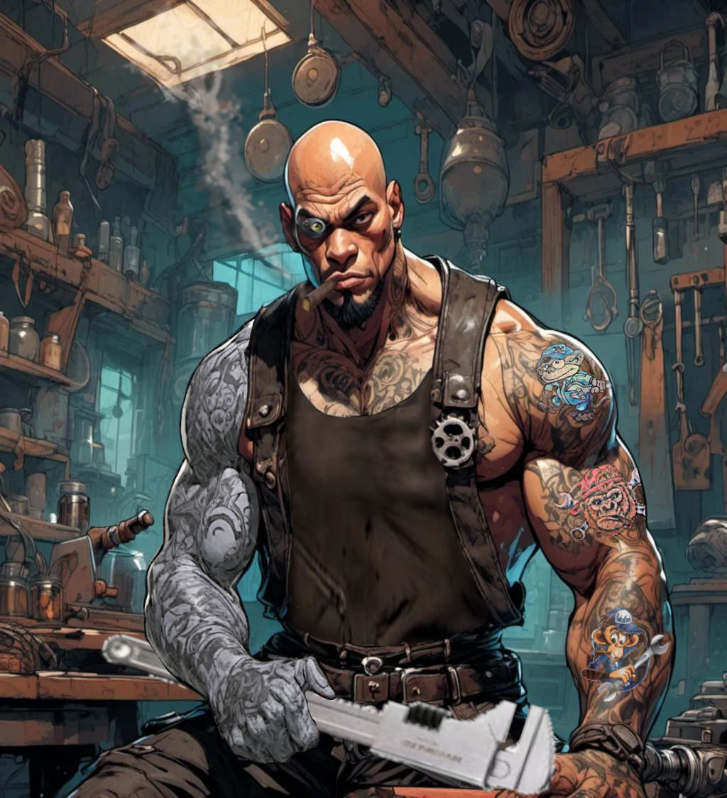 <lora:Epic Steampunk:1.0> <lora:CUD:1.0> <lora:5E:1.0> In a mechanic shop is a strong, muscular, short, bald, human male cyborg mechanic hol...