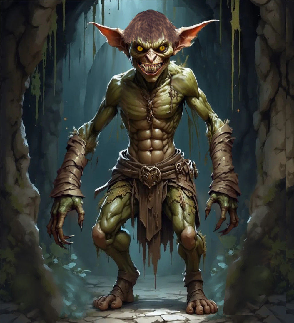 <lora:DWC Flux:1.0> a short thin scrawny goblin scrapper. it is ugly and deformed with a humanoid shape, mottled green skin, pointed ears, l...