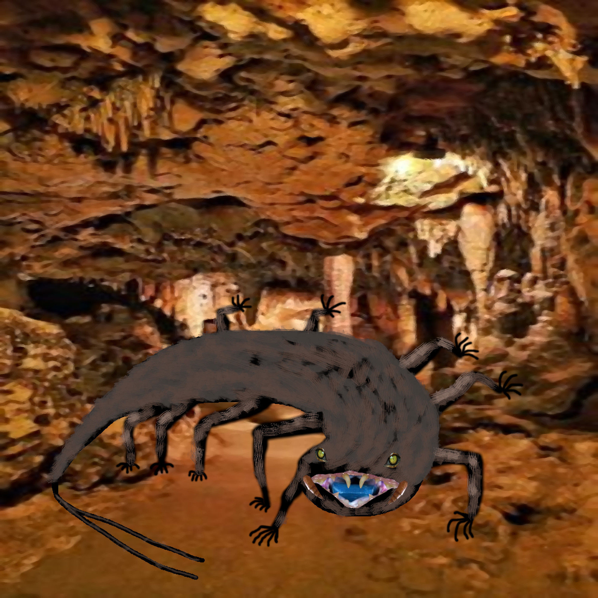 <lora:Inked:1.0> <lora:5E:1.0> From a dark cave. An extremely thin skinny, very long, furry monster, sharp rat-like teeth with large mandibl...