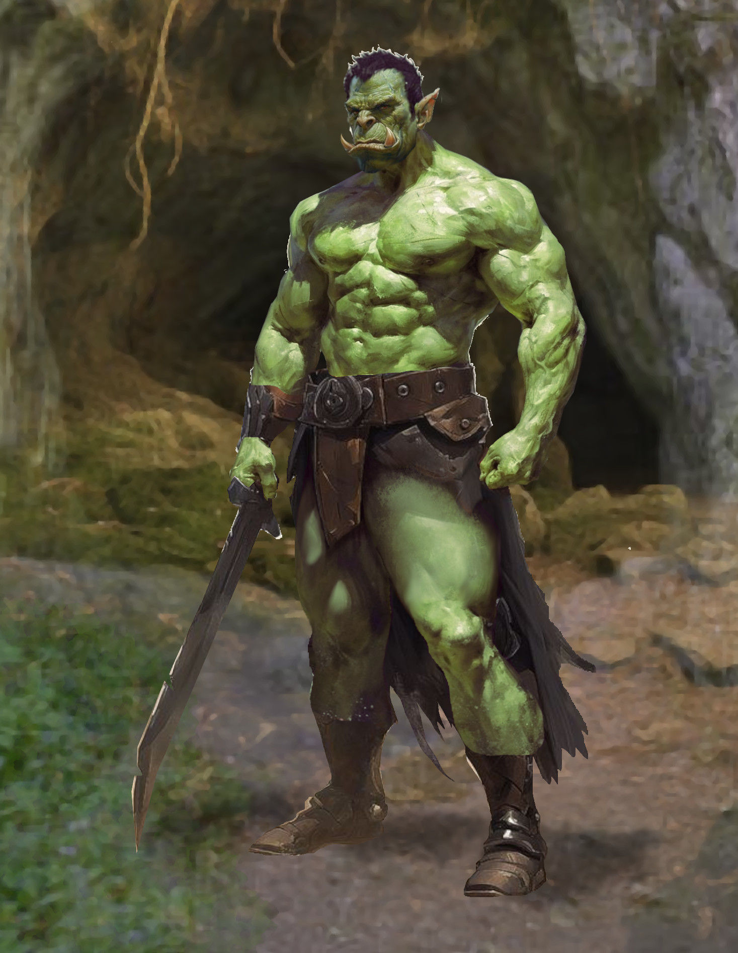 <lora:Detailed realism:1.0> extremely muscular, rugged male orc barbarian, with orc tusks, holding a giant vicious bladed-weapon, wearing a...