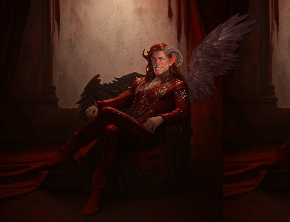 <lora:Rococo-Horrorcore:1.0> <lora:5E:1.0> <lora:MakeItPretty:1.0> <lora:Angels:1.0> grinning, smirking male fallen angel with handsome face...
