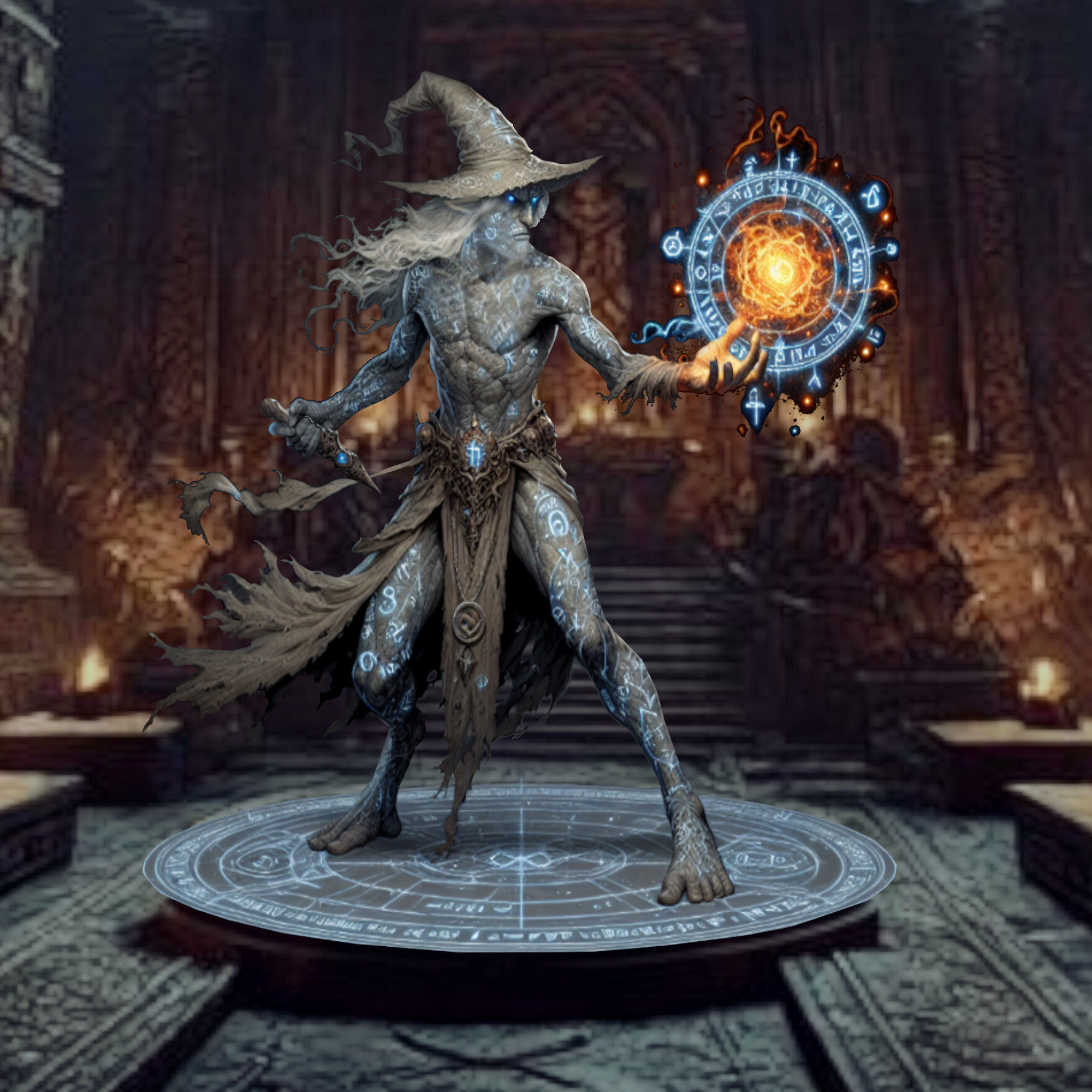 <lora:Glowing Runes:1.0> <lora:VP:1.0> <lora:SketchyV2:1.0> Ancient temple, tall, very thin, male mage gray skinned ELF, sharp features, "Ex...