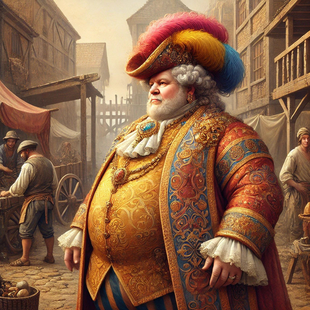 An obese human nobleman in gaudy jewelry and colorful Aristocratic clothing in a primitive style with a colorful wig and hat, fancy make-up,...