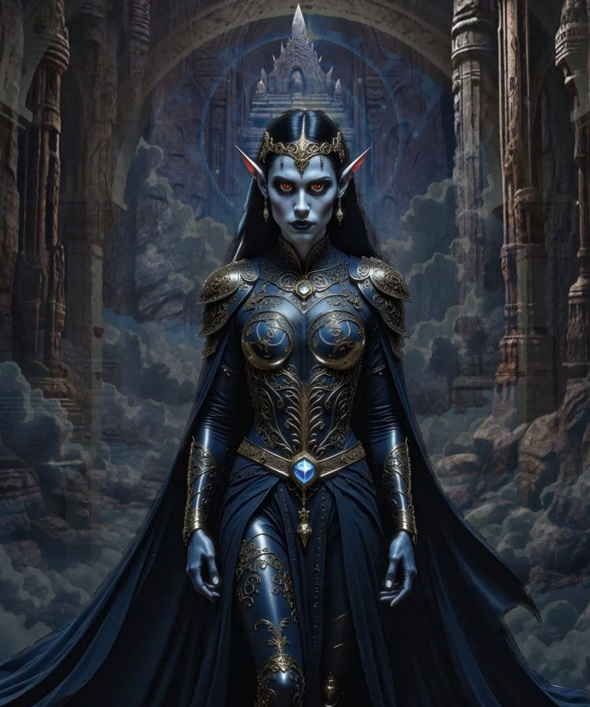 Pale indigo hair, large blood red eyes, straight long jet black hair. Striding boldly through a temple is a beautiful dangerous, deadly, fem...