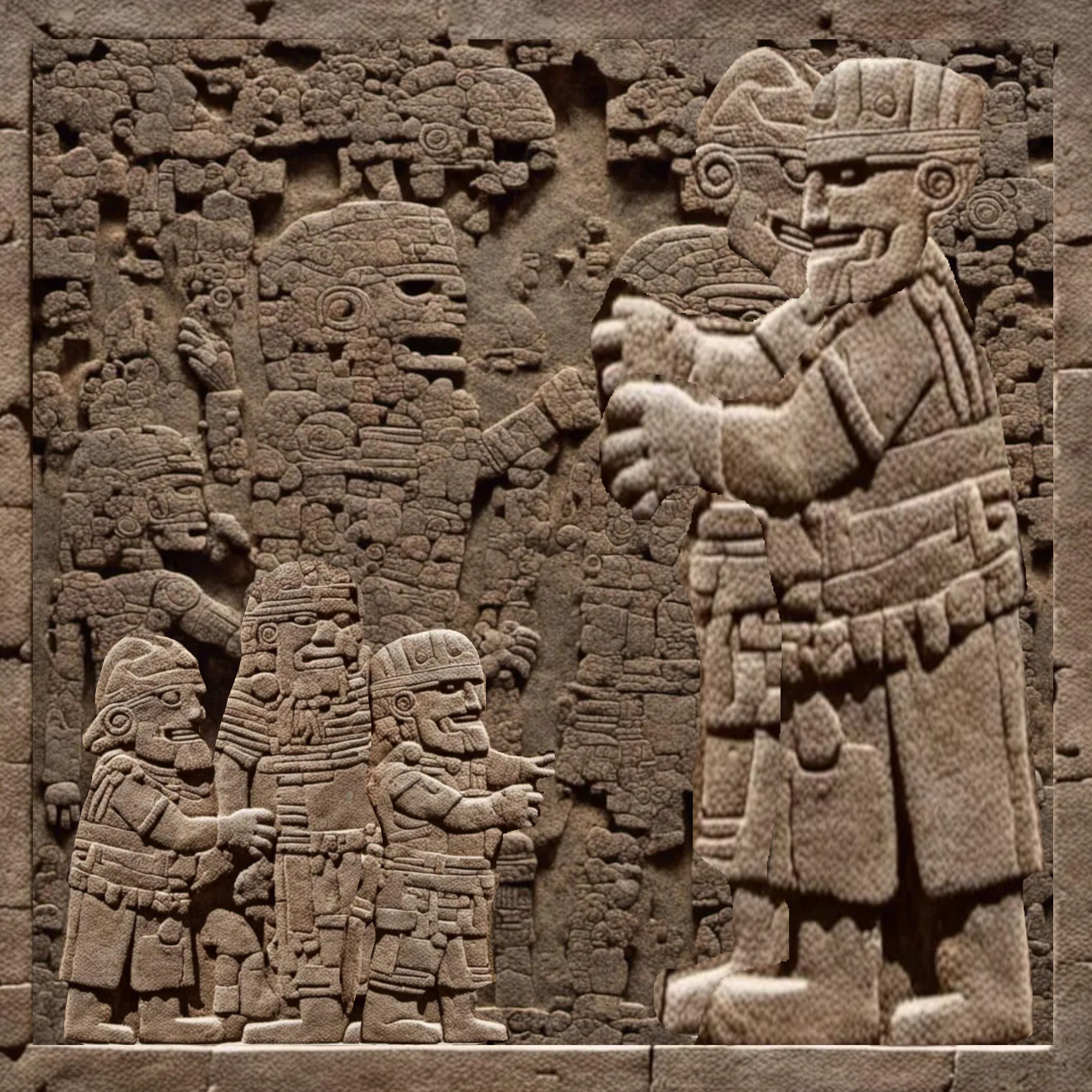 <lora:Inked:1.0> <lora:Lapillustration:1.0> <lora:Crimson Core:1.0> A deeply carved ancient stone relief depicting a broad epic battle scene...