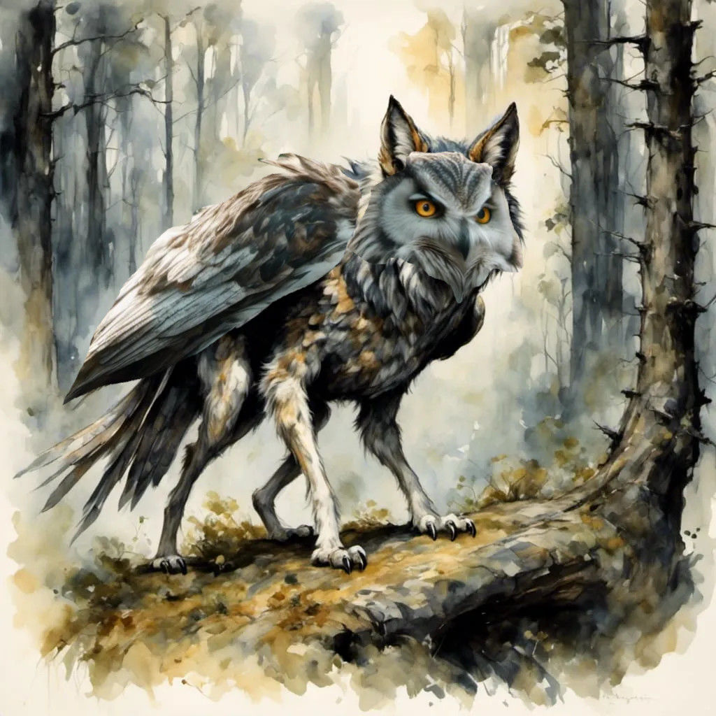 <lora:5E:1.0> <lora:Showcase:1.0> <lora:Storydweller:1.0> <lora:Aeon Fantasy:1.0> A dangerous and sleek griffin-like creature that is half o...