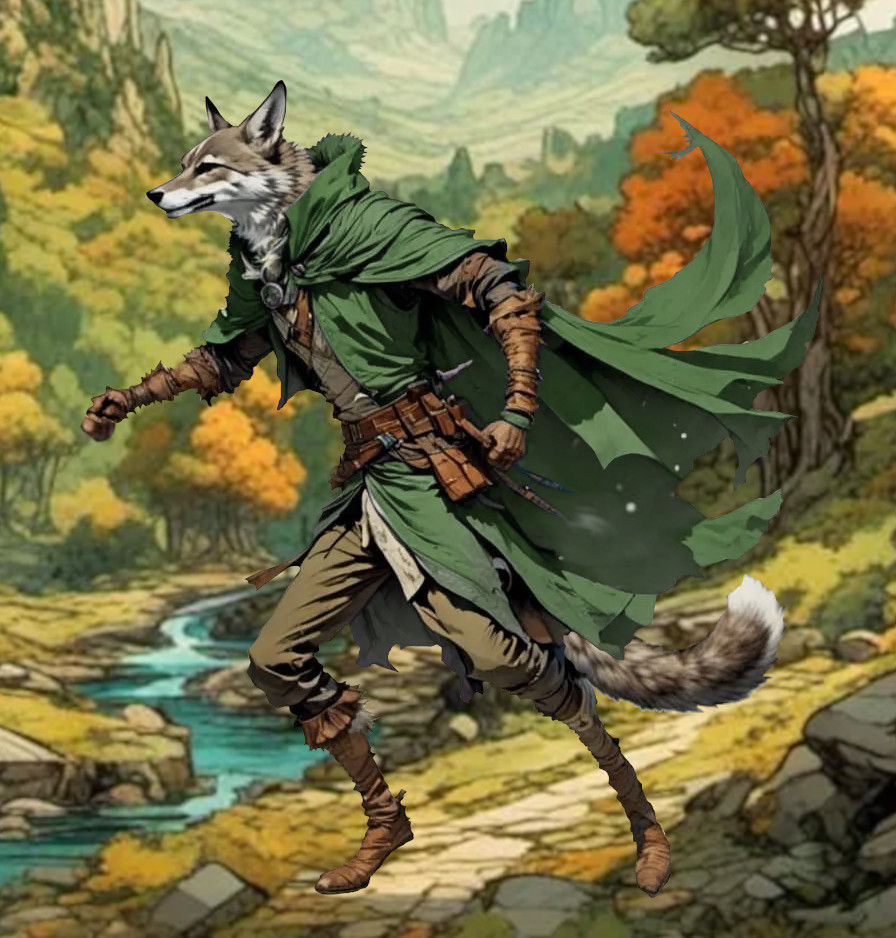 <lora:Northern Feelings:1.0> <lora:5E:1.0> In a forest there is a gray furry fox man. A forest ranger wearing a green cape and brown leather...