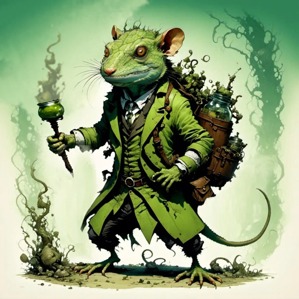 <lora:Creepy cool XL:1.0> <lora:cuteNcreepy:1.0> <lora:5E:1.0> mutant tiny green hybrid lizard-like rat-man with beady eyes scaly skin, patc...