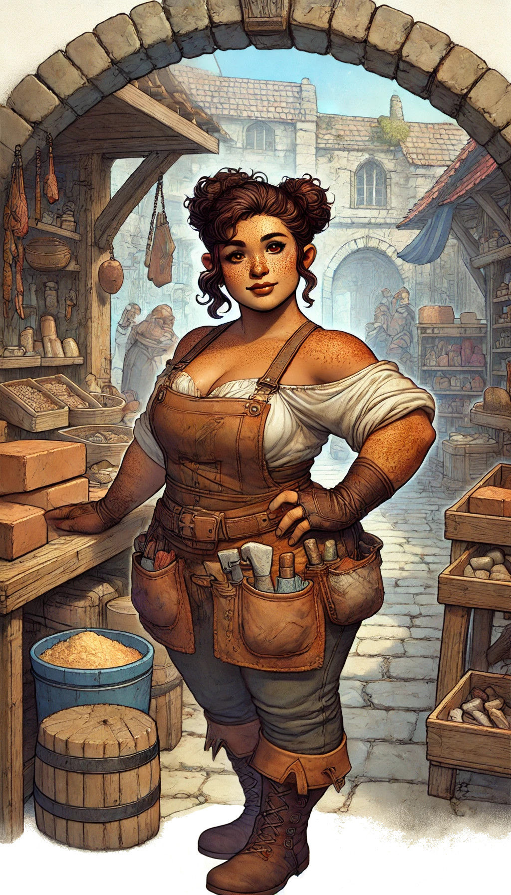 female dwarf merchant at a mason shop. She has deep brown eyes, freckled skin, plaited brown hair in a long braids. A dwarven female should...